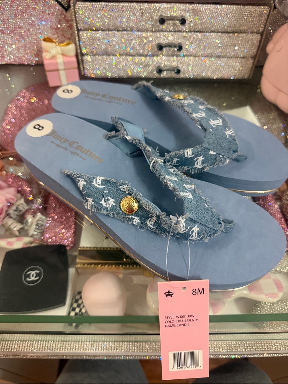 Juicy Couture Light Blue Denim Flip Flops with Gold Accent